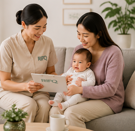 A Rifq caregiver reviewing a care plan with a mother holding her baby on the sofa