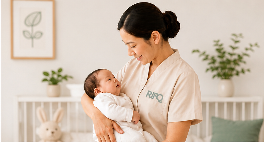 A Rifq Home Care caregiver in uniform smiling as she holds a newborn baby in a bright nursery