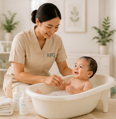 A Rifq caregiver gently bathing a happy baby in a soft baby bath