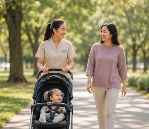 A Rifq caregiver walking outdoors with a mother, pushing a baby in a stroller